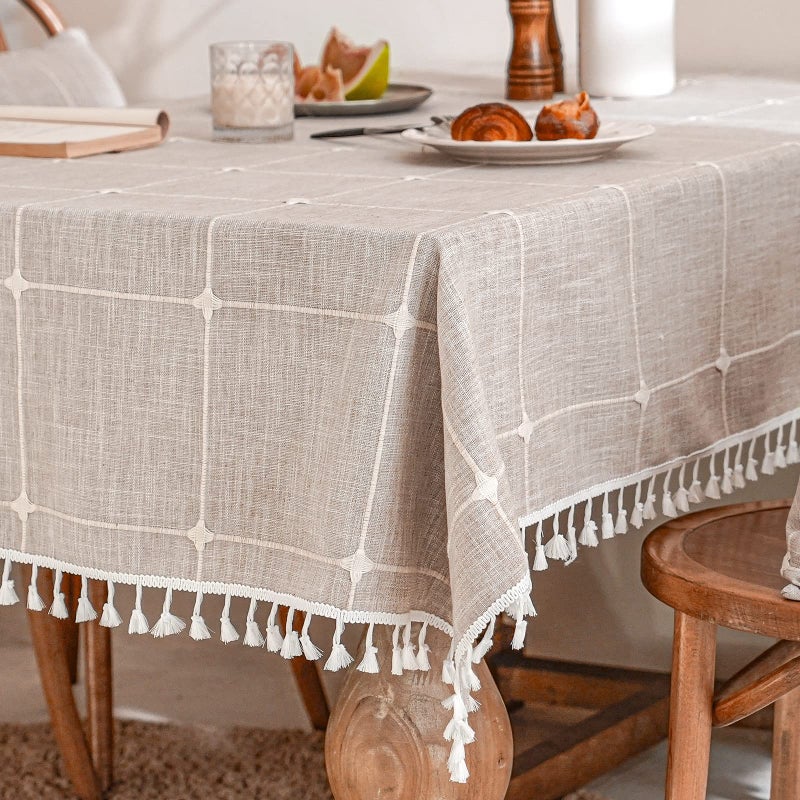 DEEPDREAM Deep Dream Tablecloths, Embroidered Waterproof Table Cloth Cotton Linen Wrinkle Free Anti-Fading Table Cover Decoration for Kitchen Dinning Party Christmas, 55 x 86 Inch - Light Brown - Image 1